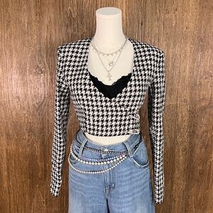 Zara Black and White Houndstooth Cropped Blazer Top